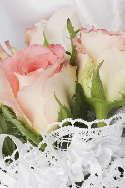 Білий шовк з мереживом і трояндами — стокове фото