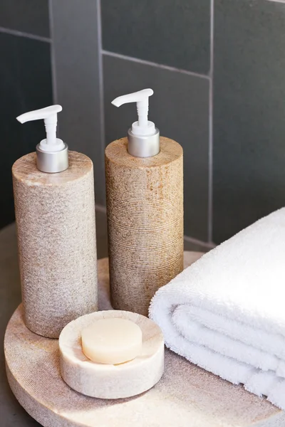 Dozowniki, mydło i ręcznik — Zdjęcie stockowe