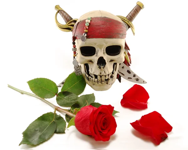 Totenkopf und rote Rose mit Blütenblättern — Stockfoto