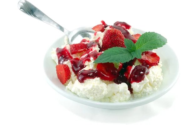 stock image Dessert from cottage cheese with a strawberry