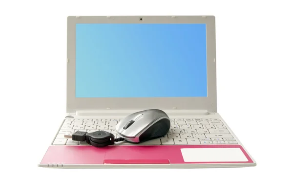 Open pink notebook with a mouse on the keyboard — Stock Photo, Image