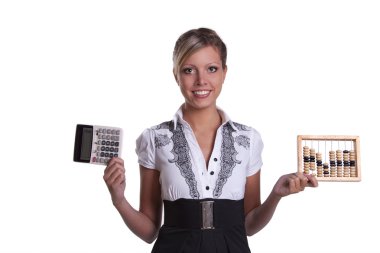 Businesswoman holding woodenabacus and calculator. clipart