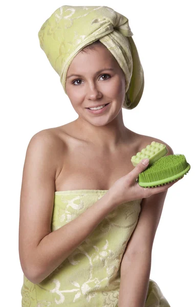 Krásná dívka drží koupel prostředky hygieny — Stock fotografie