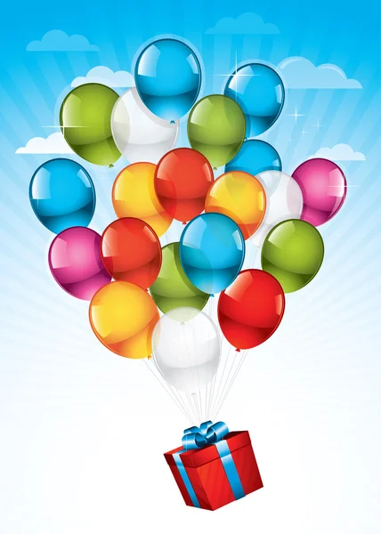 Caja de regalo roja y globos de colores — Vector de stock