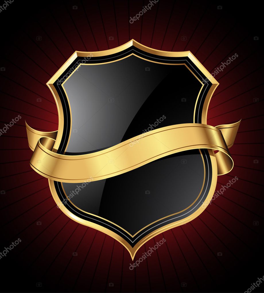 Black shield with a golden frame and a gold ribbon for your message