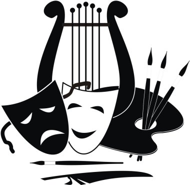 Lyre, palette and masks - symbols of music. arts and theater - isolated black illustration on white background. clipart