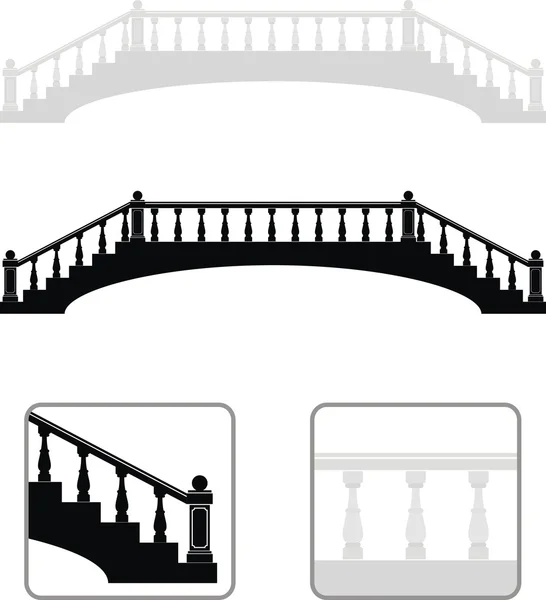 Set van oude boog stenen brug zwart en grijs silhouetten - geïsoleerde illustratie op witte achtergrond — Stockvector