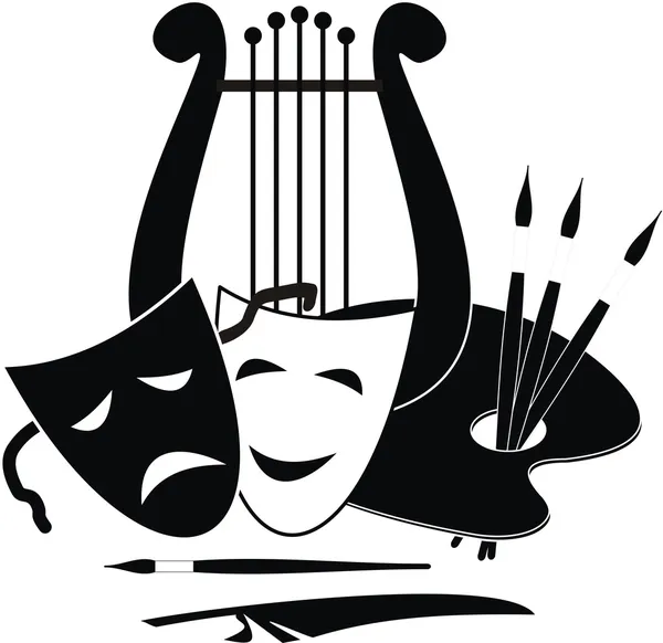 거문고, 팔레트 및 마스크-음악의 상징. 예술 및 극장-흰색 배경에 고립 된 검은 그림. — 스톡 벡터