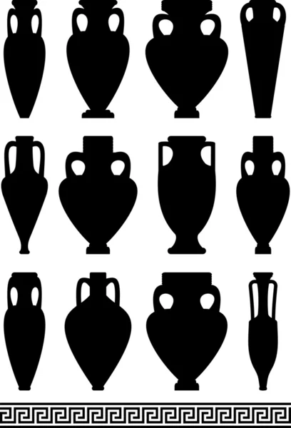 Set di sagome nere di antiche anfore e vasi, tradizionale modello greco astratto meandro - illustrazione isolata su sfondo bianco — Vettoriale Stock
