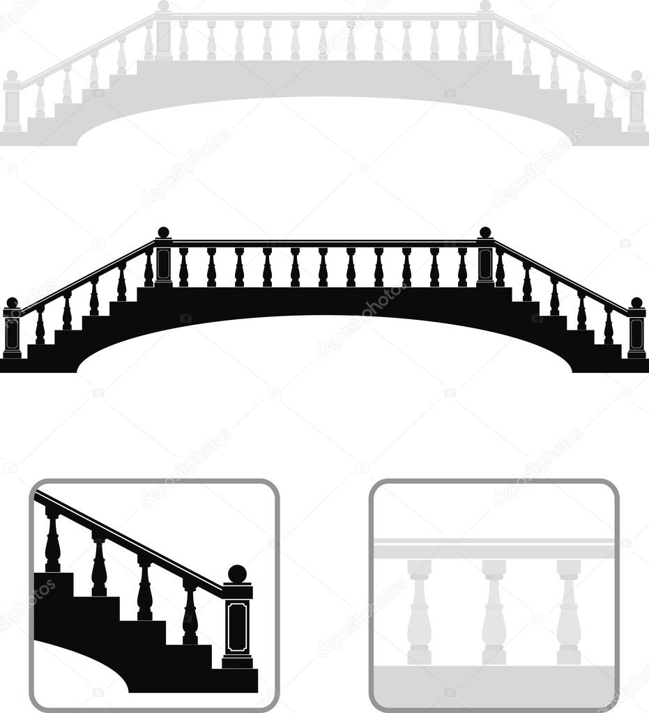 Set of ancient arch stone bridge black and gray silhouettes - isolated illustration on white background