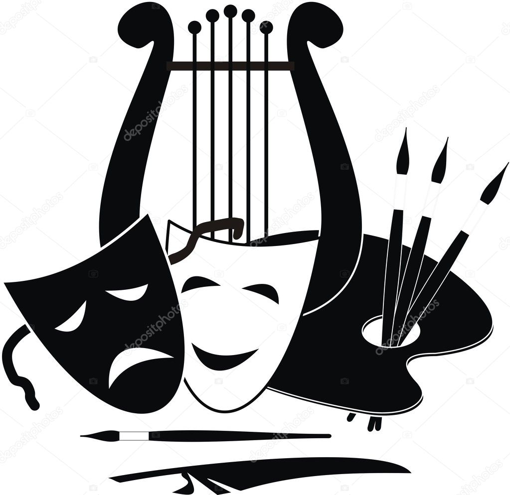 Lyre, palette and masks - symbols of music. arts and theater - isolated black illustration on white background.