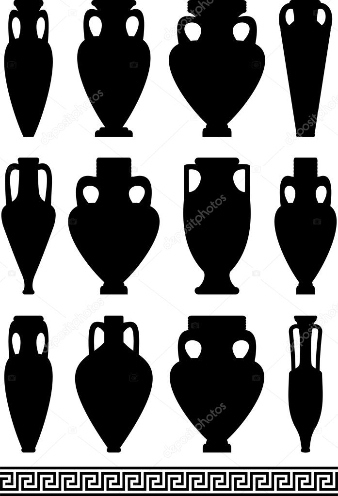 Set of black silhouettes of ancient amphorae and vases, traditional Greek abstract meander pattern - isolated illustration on white background
