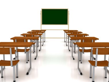 Audience with desks over white background clipart