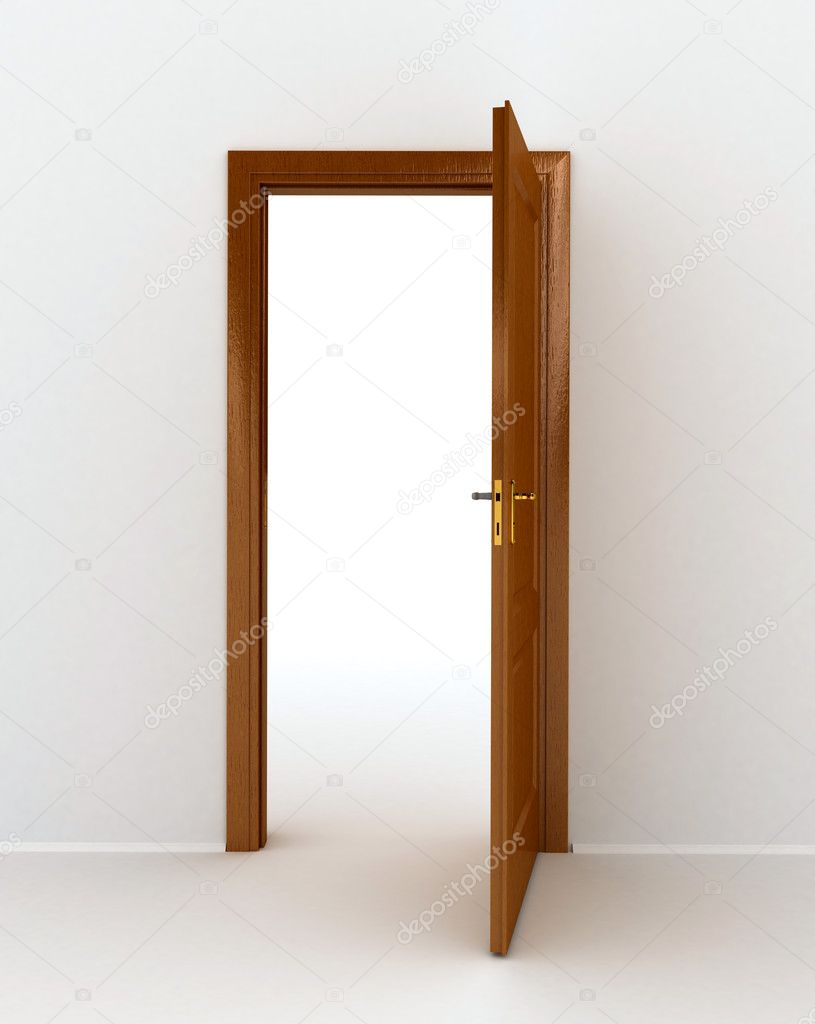 Wooden open door over white background