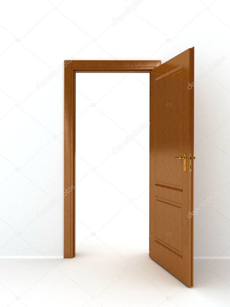 Wooden door over white background