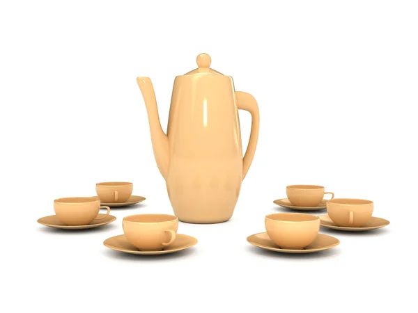 Чайник и чашки на белом фоне — стоковое фото