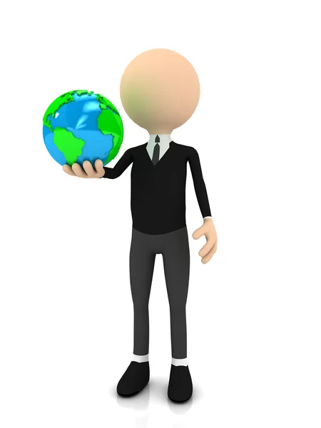 3D-zakenman met globe over Wit — Stockfoto