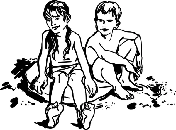 Crianças menino e menina sentado na praia na areia fina costeira em um — Vetor de Stock