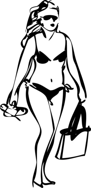 Elle va pieds nus sur la plage et est dans un sac à main et des sandales — Image vectorielle