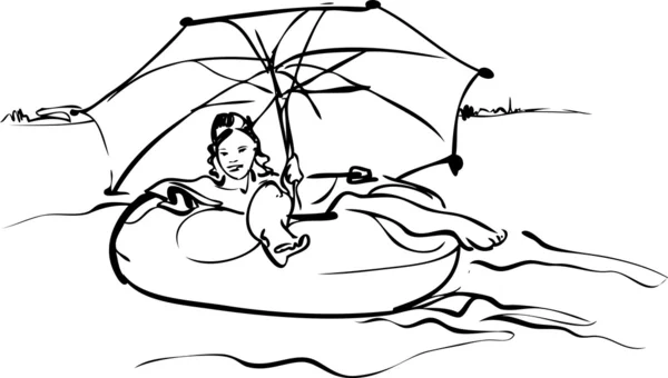 Chica en un inflable en un gran rango paraguas navega a lo largo de la costa o — Vector de stock