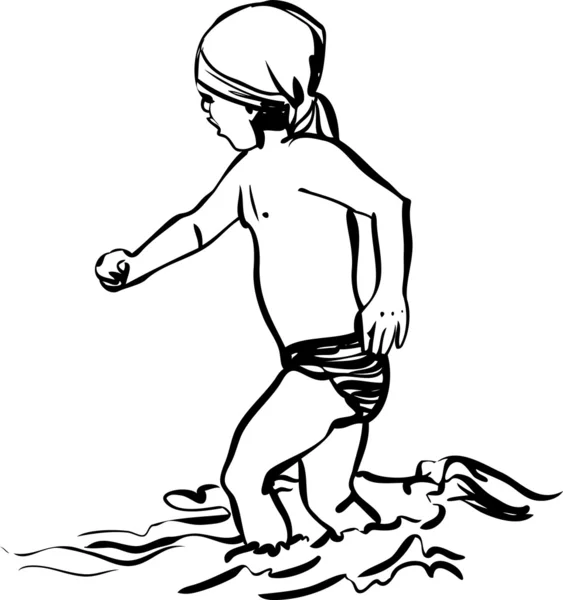Bambino che corre attraverso l'acqua sulla spiaggia di riva — Vettoriale Stock