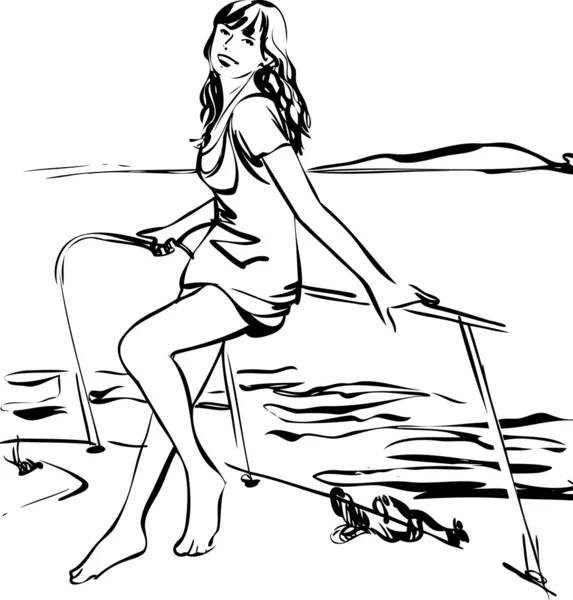3 赤脚女孩上一艘游艇在大海 — 图库矢量图片