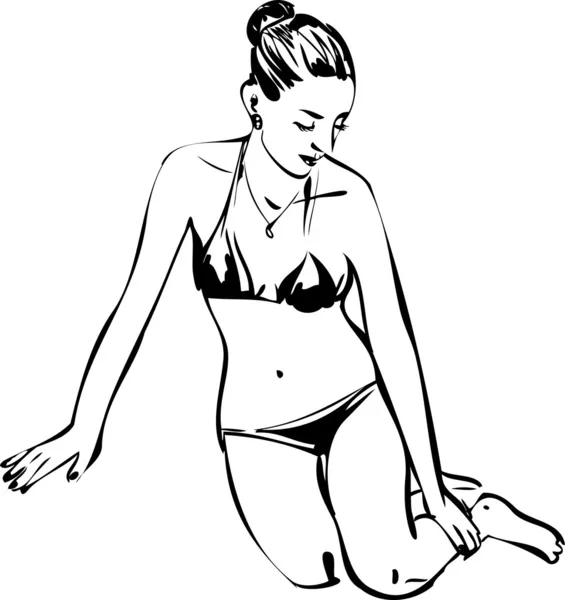 Croquis noir et blanc d'une jeune fille en bikini sur fond blanc — Image vectorielle
