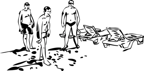 Zwart-wit schets van jonge mannen die tijd op het strand doorbrengen — Stockvector