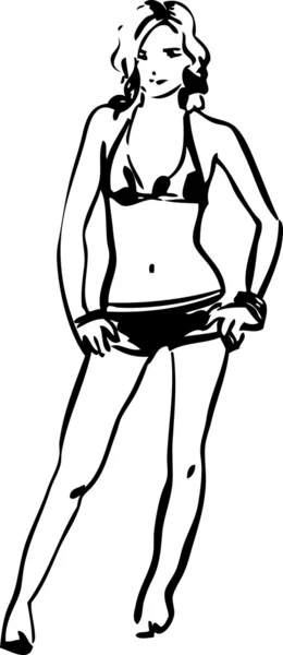 Skiss av en vacker ung flicka i en bikini barfota på en vit bakgrund — Stock vektor