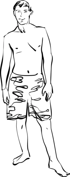 Egy fiatal fiú rövidnadrágban, mezítláb, fehér backgro a fekete-fehér vázlat — Stock Vector