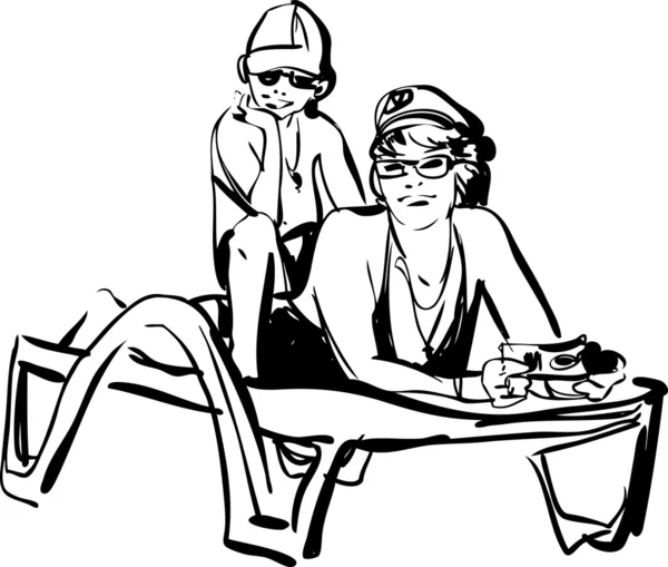Svart och vitt skiss av en kvinna med ett barn som ligger på en solstol på whi — Stock vektor