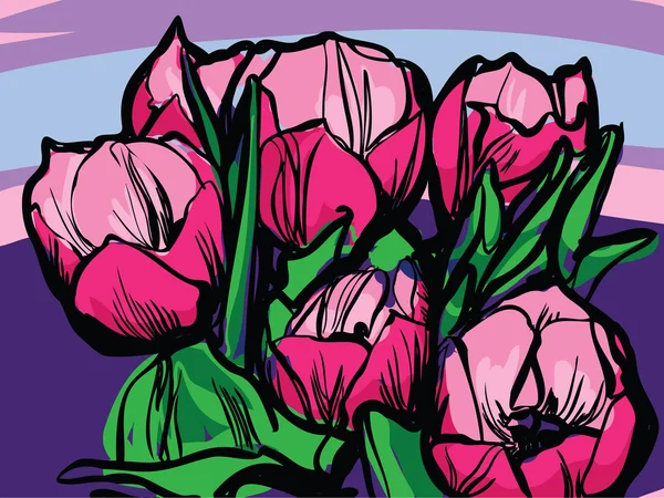 Schets van een boeket van tulpen op een witte achtergrond — Stockvector