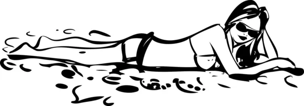 Skizze eines Mädchens in Badeanzug und Sonnenbrille, am Strand liegend, auf einem — Stockvektor