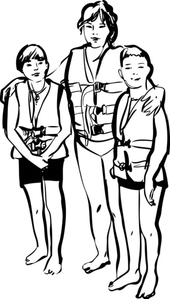 Skizze einer Frau mit Kindern in Schwimmwesten auf weißem Hintergrund — Stockvektor