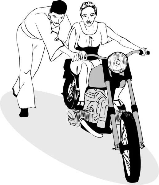 Garçon et fille chevauchant sur une moto — Image vectorielle