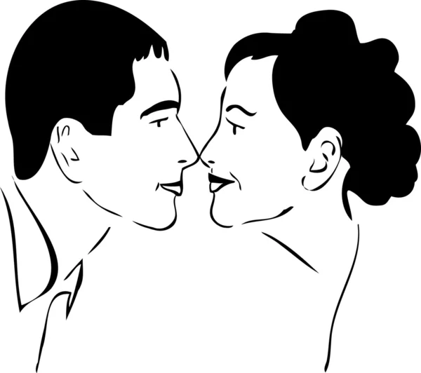 Hombres y mujeres nariz a nariz con una sonrisa — Vector de stock