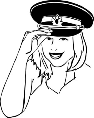 Girl in a military cap black and white clipart