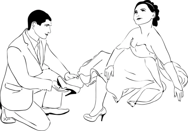 Adam bir ayakkabı kız arkadaşına koyar. — Stok Vektör