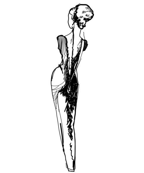 Schlankes Mädchen in einem langen schwarz-weißen Kleid Skizze — Stockvektor