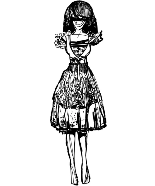 Ένα σκίτσο ενός κοριτσιού σε ένα φόρεμα βαμβάκι — Διανυσματικό Αρχείο