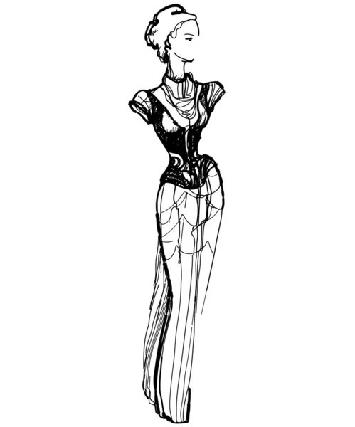 Skizze eines schlanken Mädchens in einem langen Kleid — Stockvektor