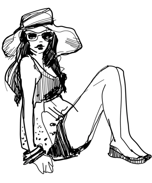 Ένα σκίτσο του ένα κορίτσι που φοράει ένα καπέλο με γυαλιά — Διανυσματικό Αρχείο