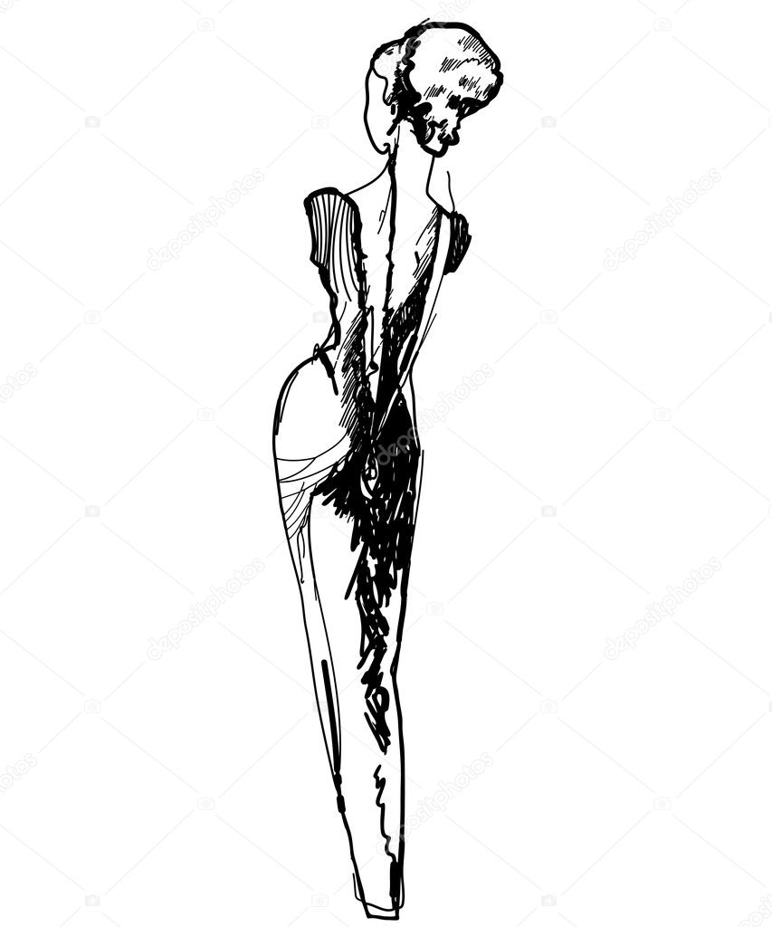 Slender girl in a long dress black and white drawing sketch