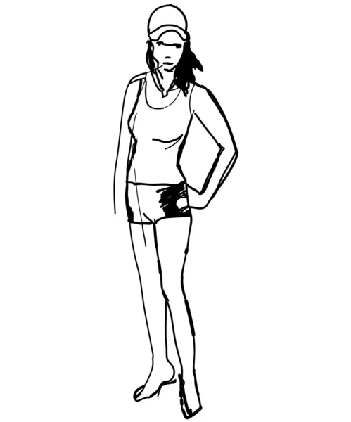Sketch chicas descalzas en pantalones cortos y gorra de camiseta — Vector de stock