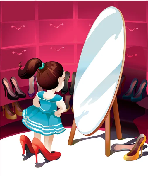 Μικρό κορίτσι στον καθρέφτη προσπαθείτε στα παπούτσια — Διανυσματικό Αρχείο
