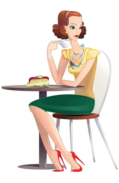 Bardzo młoda kobieta, picie herbaty przy stoliku w kawiarni — Wektor stockowy