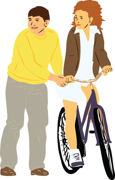 Oğlan kız Bisiklete binmeyi öğretir — Stok Vektör