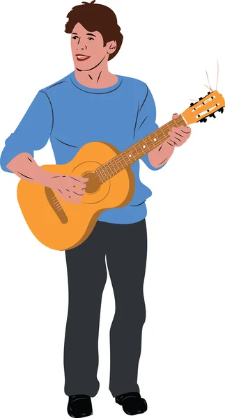 Killen i blå tröja på gitarr — Stock vektor