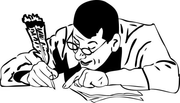 Imagen el hombre en gafas con una pluma pluma escribe una carta — Vector de stock
