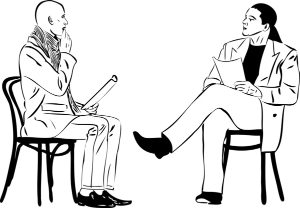 Δύο άνδρες συνεδρίαση διάβασμα κάτι σε μια ξύλινη καρέκλα — Διανυσματικό Αρχείο